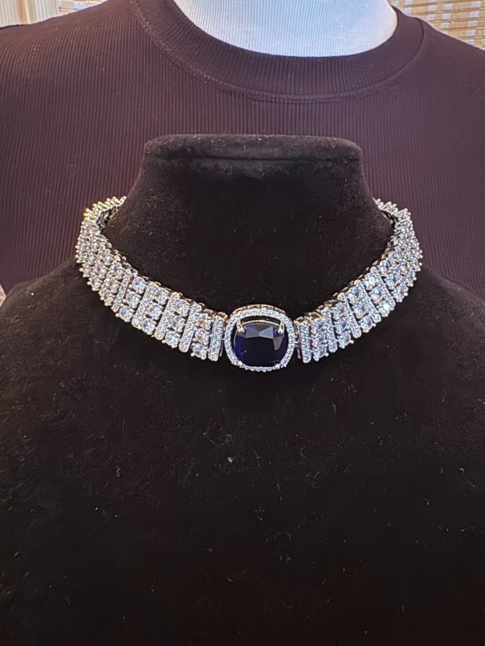 Vintage Cubic Zirconia Rhodium Plated Faux Sapphire Necklace